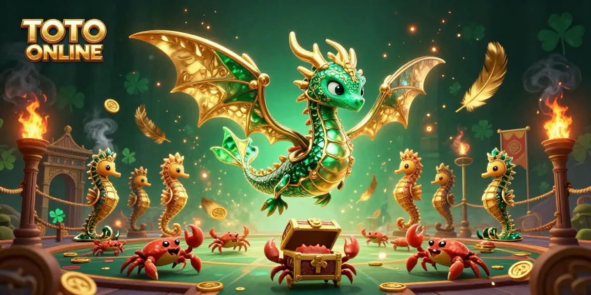 TOTO ONLINE showcases a vibrant 3D sea dragon guarding treasures in an enchanting casino realm.