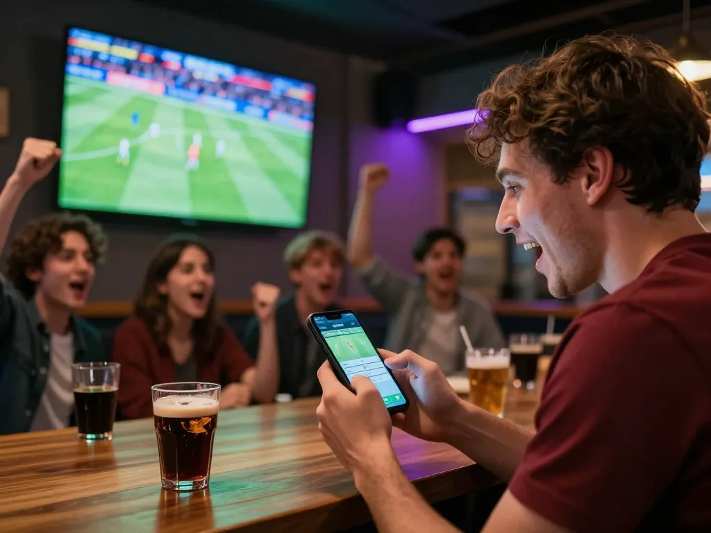 Person engaging in keo nha cai while cheering for a live match in a vibrant sports bar setting, highlighting the excitement of betting.