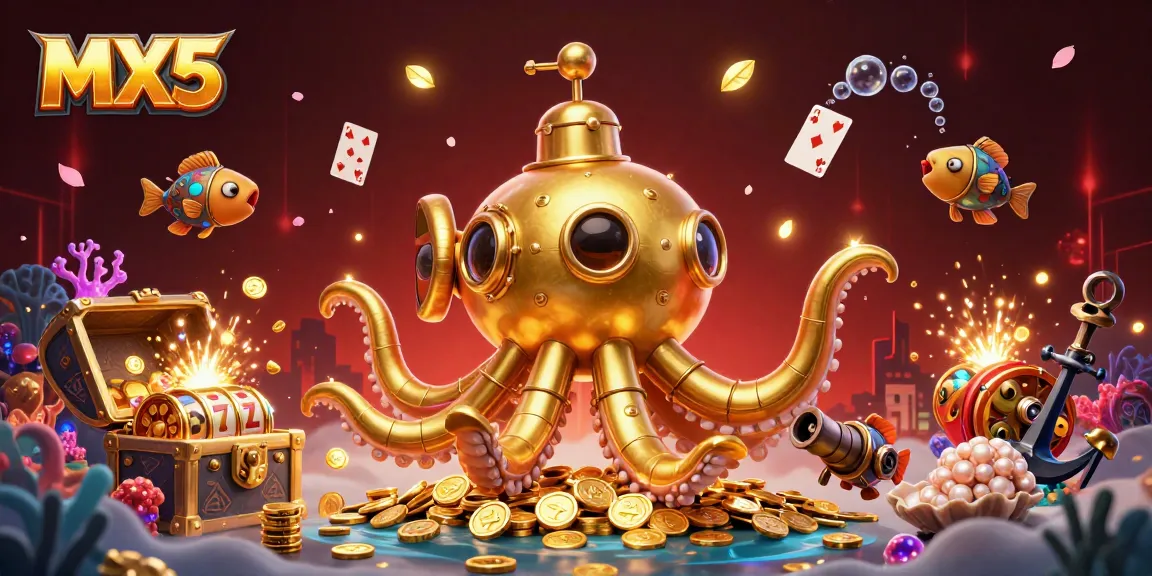 Join the excitement at MX5 with a golden kraken submarine in a vibrant casino-themed scene.