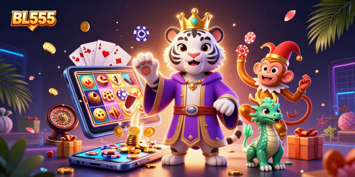 Experience the excitement at BL555 with vibrant gaming elements and engaging characters in a dynamic casino scene.