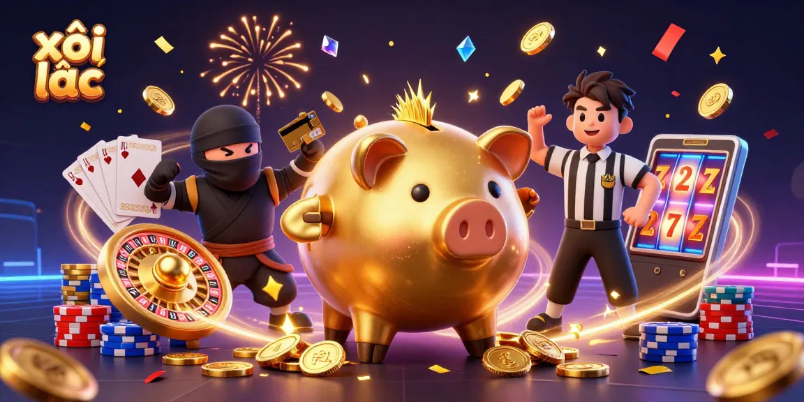 Experience the thrill of xôi lạc with engaging gaming scenes featuring dynamic characters, coins, and casino elements.