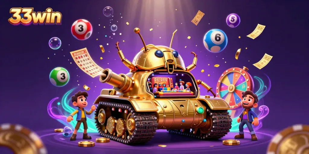 Engage in exciting games at 33win, immersed in a colorful casino scene with dynamic lottery elements.