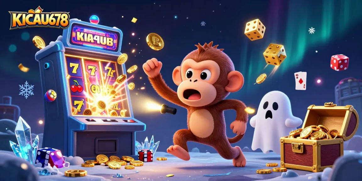 KICAU678 offers a vibrant online casino experience with a playful poltergeist monkey and a curious puppy in a dynamic gaming scene.