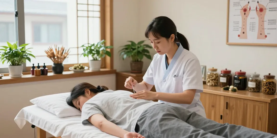 Healing treatment at 영통한의원 showcasing acupuncture session in a serene wellness environment.