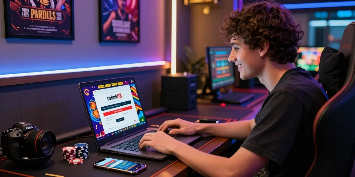 User accessing the rokok88 login page on a laptop in a vibrant online gambling setting.