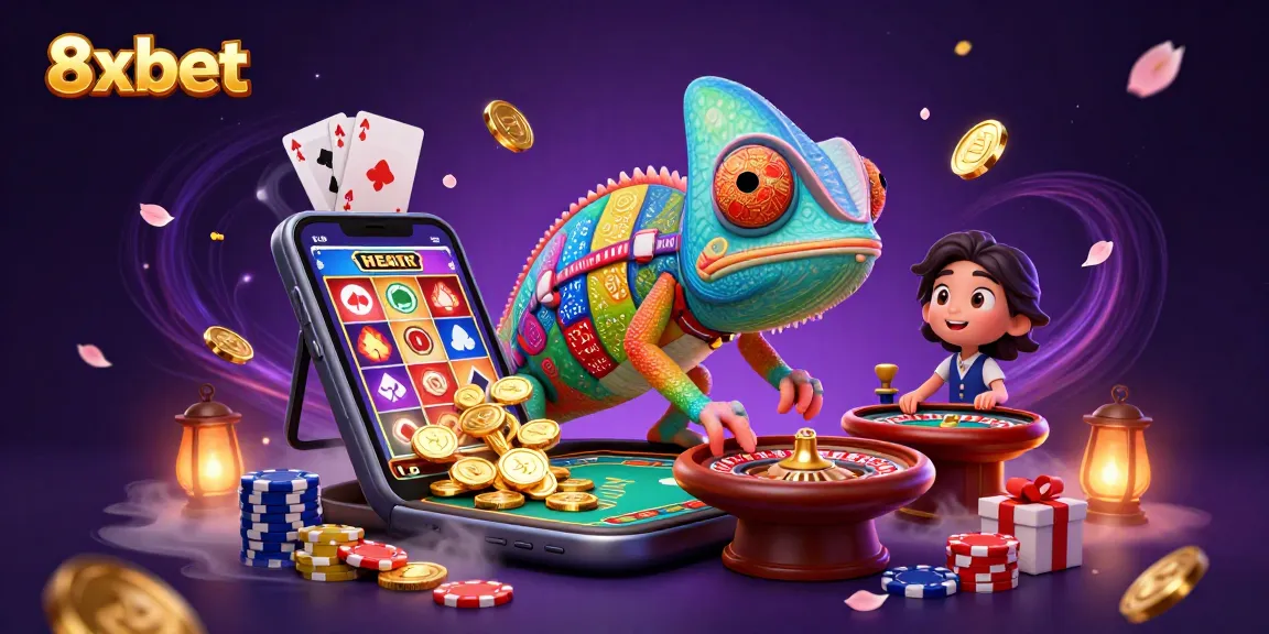Experience exciting gaming with 8xbet, featuring a colorful chameleon casino owner and dynamic gaming elements.