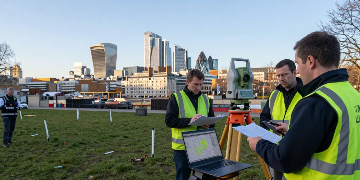Land surveyors London conducting a topographical survey with advanced equipment in an urban setting.