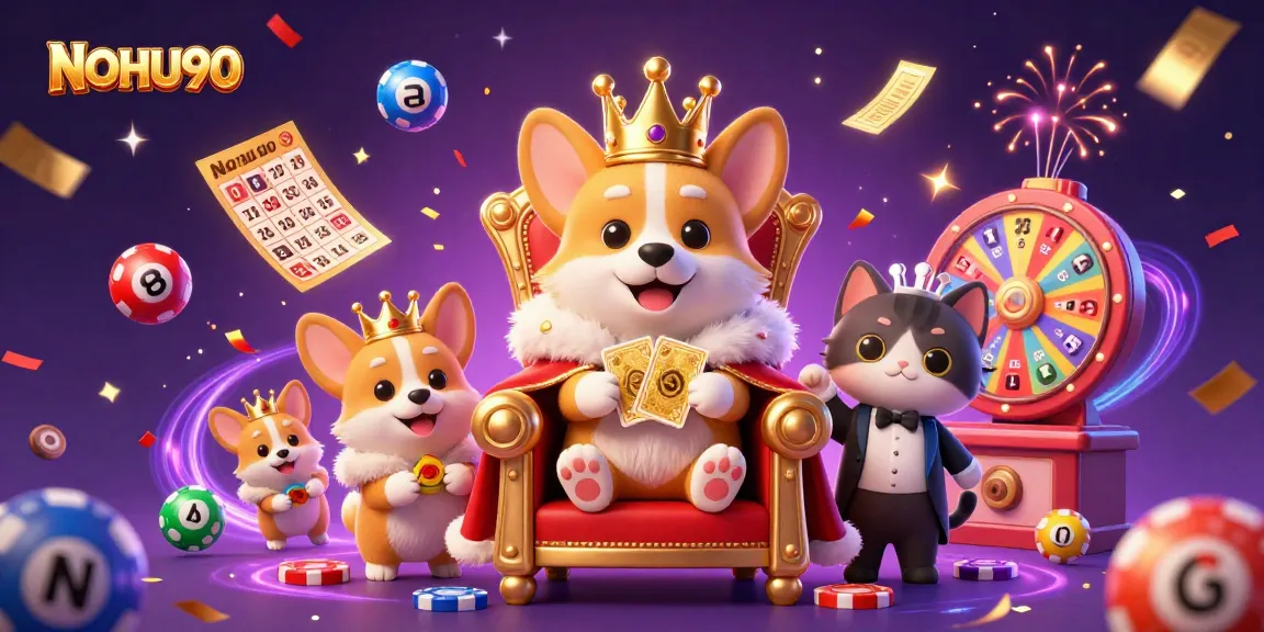 Experience winning excitement with NOHU90, featuring cartoon royal corgi and vibrant casino symbols.