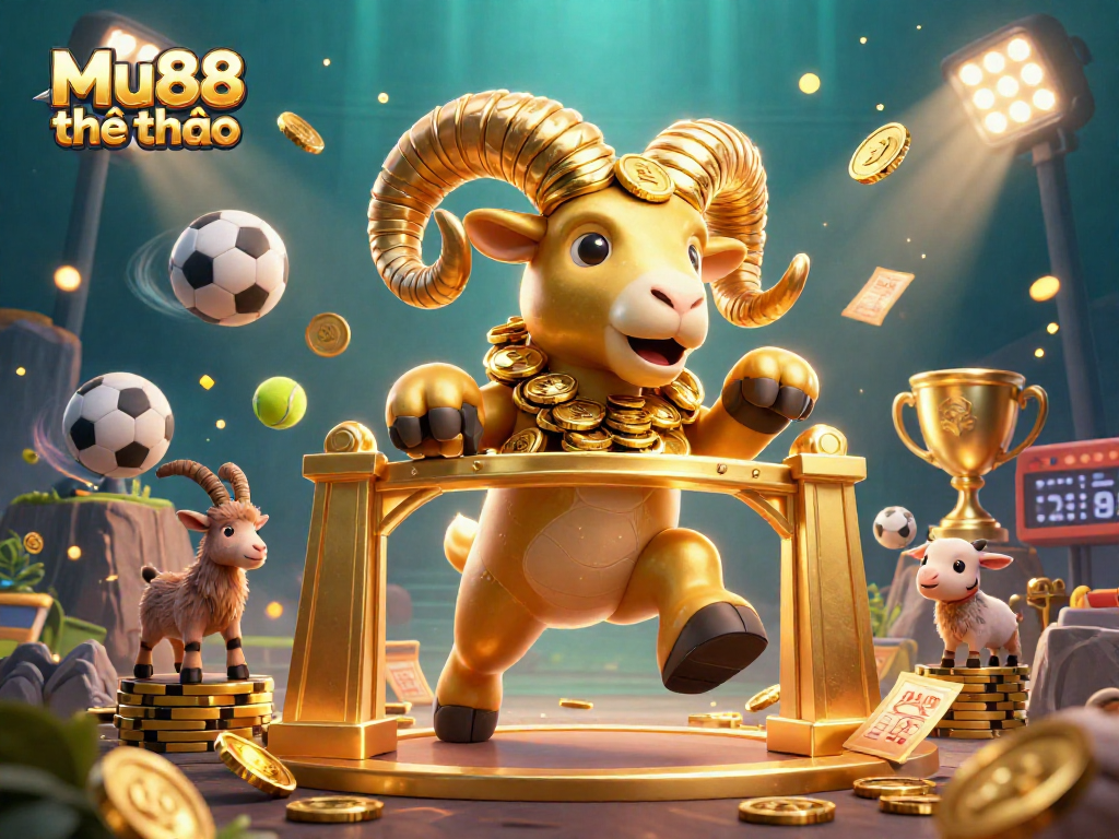 Mu88 thể thao showcases an energetic scene with a golden ram charging, sports balls flying, and dazzling effects in a vibrant casino-like atmosphere.