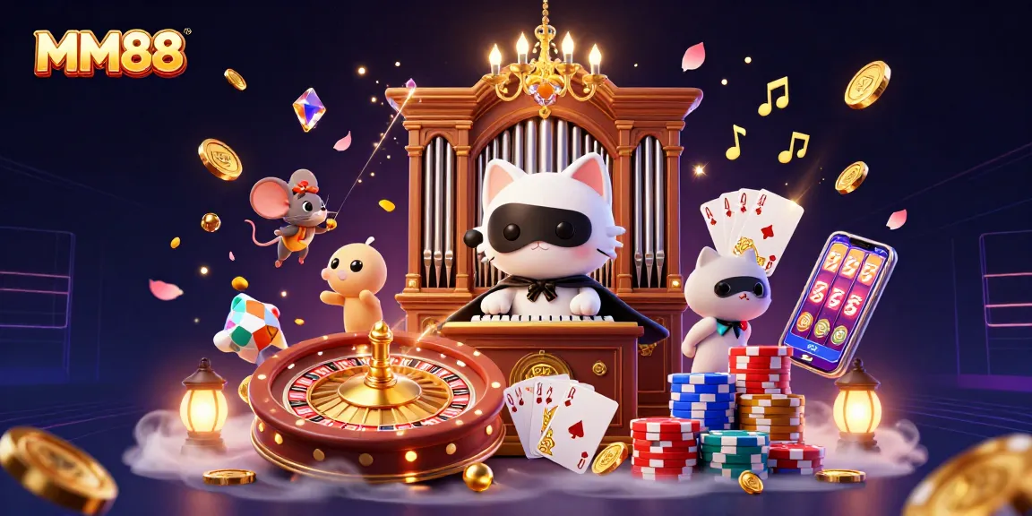 MM88 casino illustration featuring dynamic characters and vibrant elements celebrating gambling.