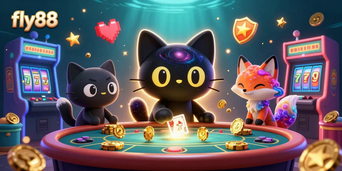 Experience the excitement of fly88 at a cosmic casino table with charming characters and vibrant elements.