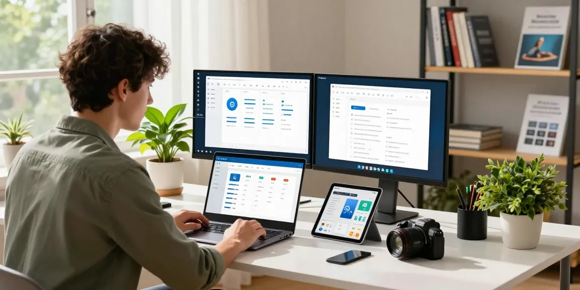 User engaged in WPS Download on a laptop at a modern home office, surrounded by tech tools and natural light.