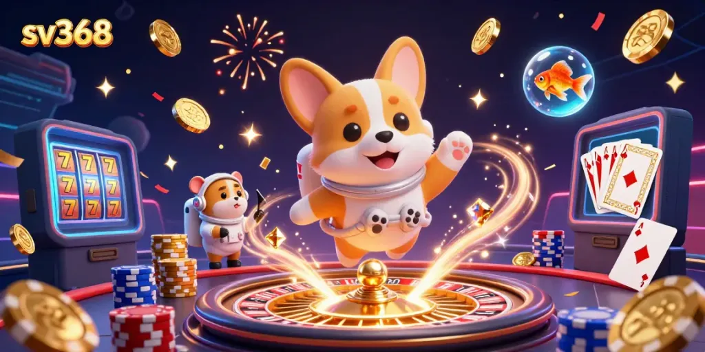 Place bets and win with sv368 in a vibrant cartoon casino scene featuring a floating corgi and hamster.