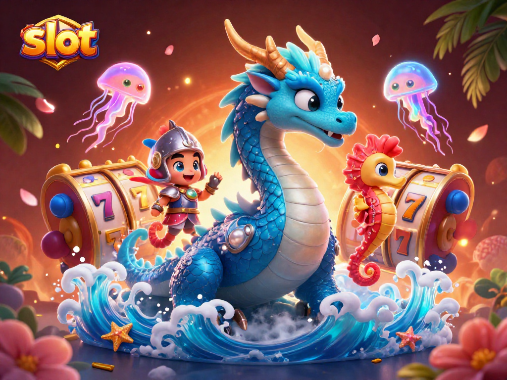 Menangkan slot dengan naga air biru berputar reels di kasino digital yang cerah.