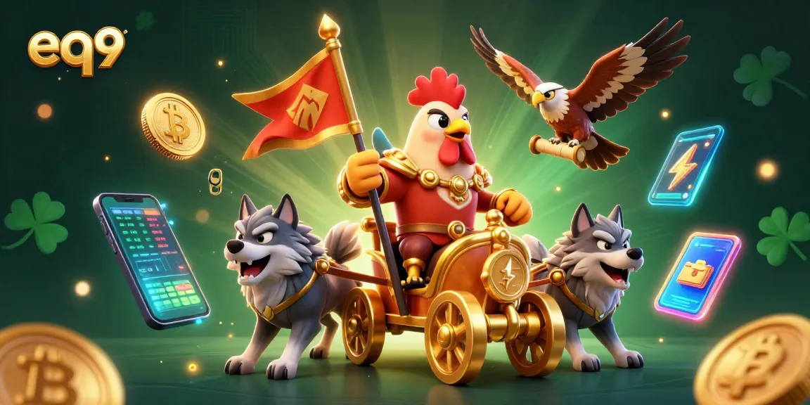 Join the thrilling action at eq9 with dynamic gaming scenes showcasing captivating characters and crypto coins.