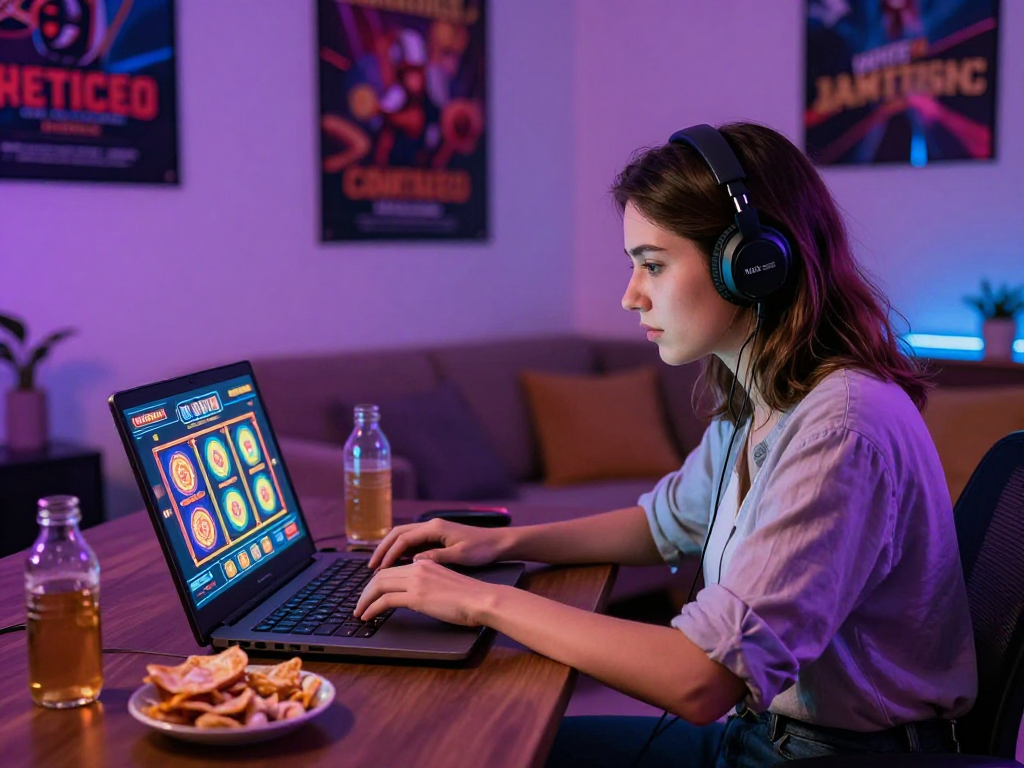 Giocatrice coinvolta in casino non aams online con laptop e snack, atmosfera vivace.