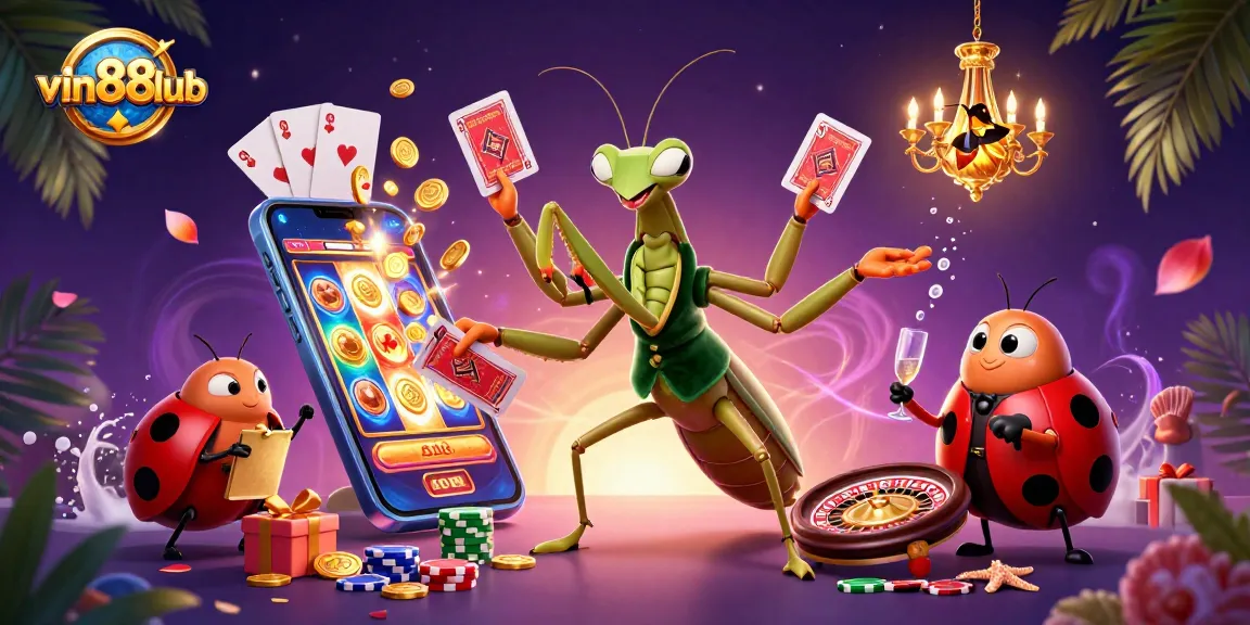Experience vibrant casino action at vin88club with a cartoon mantis dealer and exciting gaming elements.