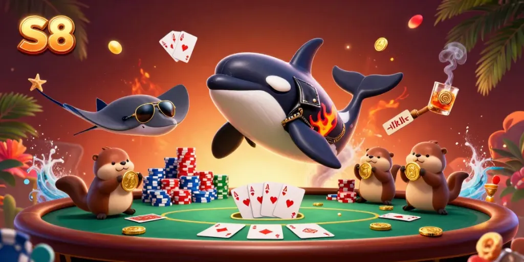 S8-inspired 3D casino scene with an orca whale and otters celebrating a poker win