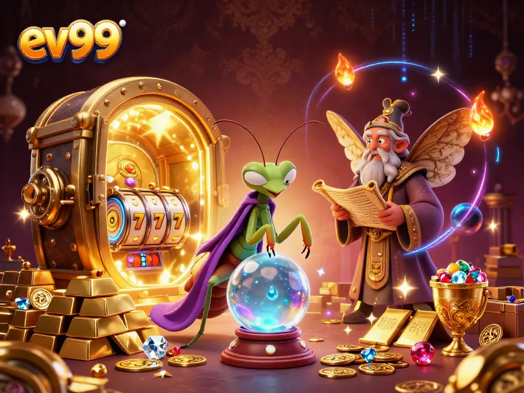 Ev99 features a mystical fortune teller and moth librarian surrounded by treasures and vibrant casino elements.