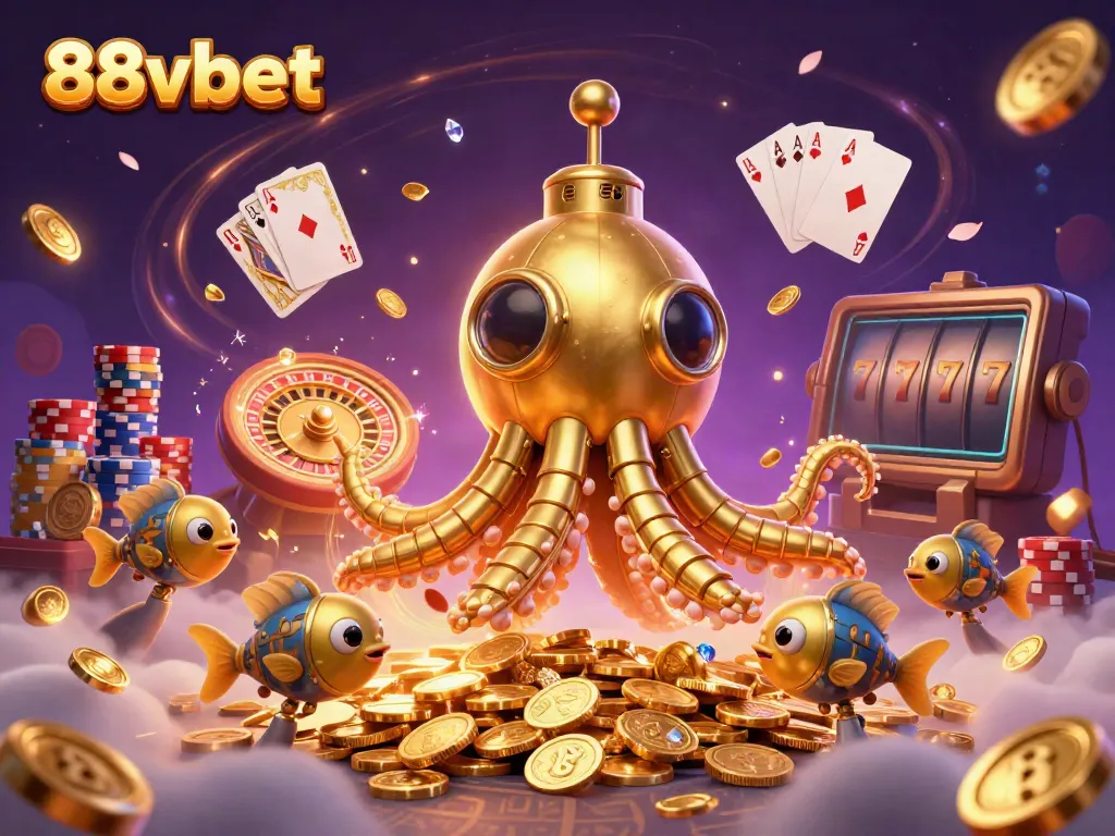 Experience dynamic fun with 88vbet's cartoon kraken submarine amid gold coins and casino games.