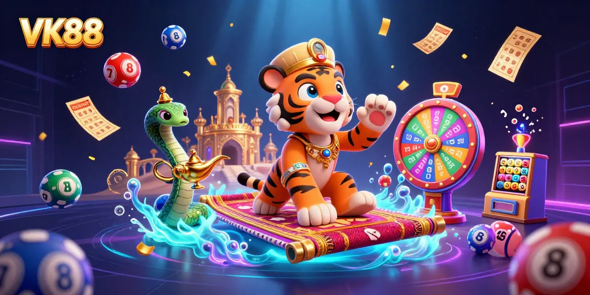 Experience thrilling gaming adventures with VK88 in a vibrant, action-packed casino scene.