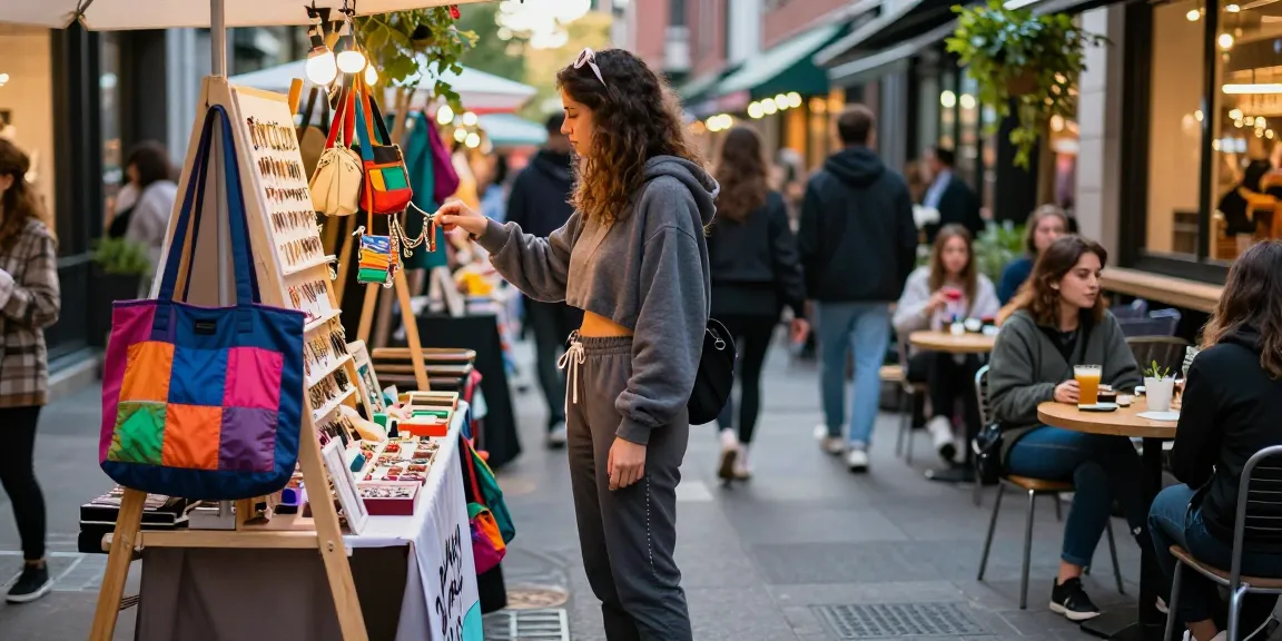 Shopping at a trendy 레플리카 쇼핑몰 pop-up market featuring stylish accessories in an urban setting.