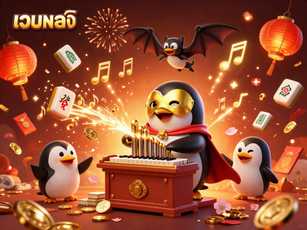Engage with เว็บตรง slots while enjoying a vibrant scene of a penguin organist and festive elements.