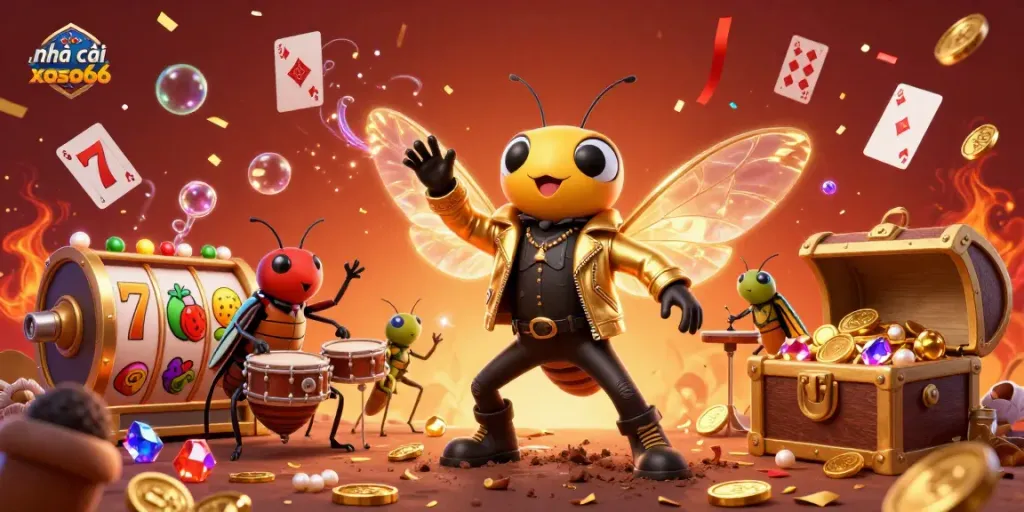 Experience the thrill of nhà cái xoso66 with a whimsical 3D rock star casino scene featuring captivating characters and vibrant treasures.