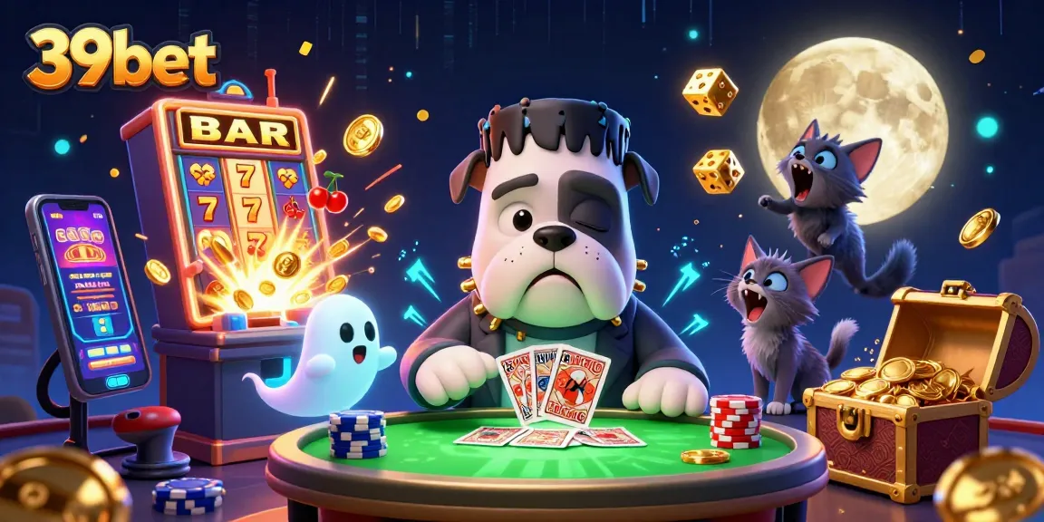 Play thrilling games at 39bet with a lively scene of a bulldog dealing cards amidst slot machines and excitement.