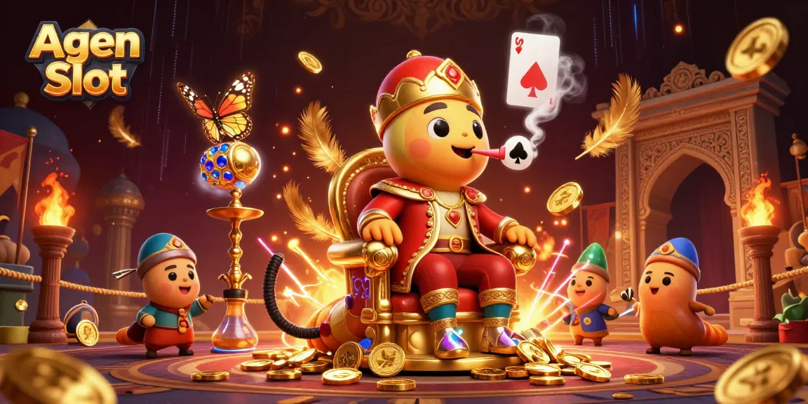 Agen Slot features a whimsical caterpillar master surrounded by vibrant casino elements, ideal for players.
