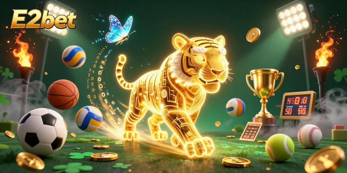 Experience thrilling sports betting with E2bet's dynamic casino landscape and glowing game elements.