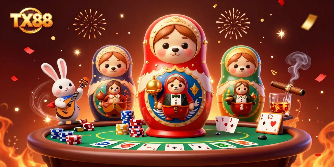 TX88 showcases lively casino characters celebrating with poker elements in an exciting scene.