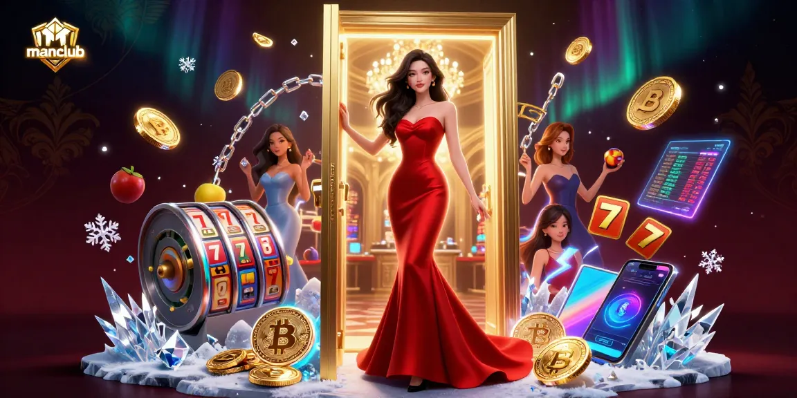 Win at manclub with a glamorous Asian woman in a VIP casino doorway surrounded by dynamic game elements.