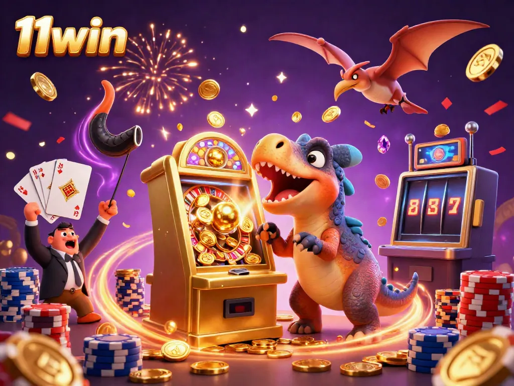 Experience excitement with 11win; a dinosaur wins coins from a golden slot machine in a vibrant casino.