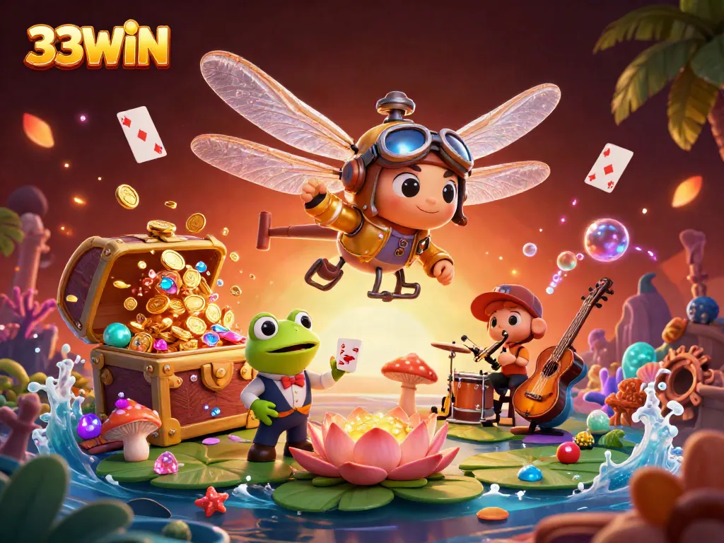 Experience the thrill of 33WIN with a vibrant and engaging casino scene filled with lively characters and gaming elements.