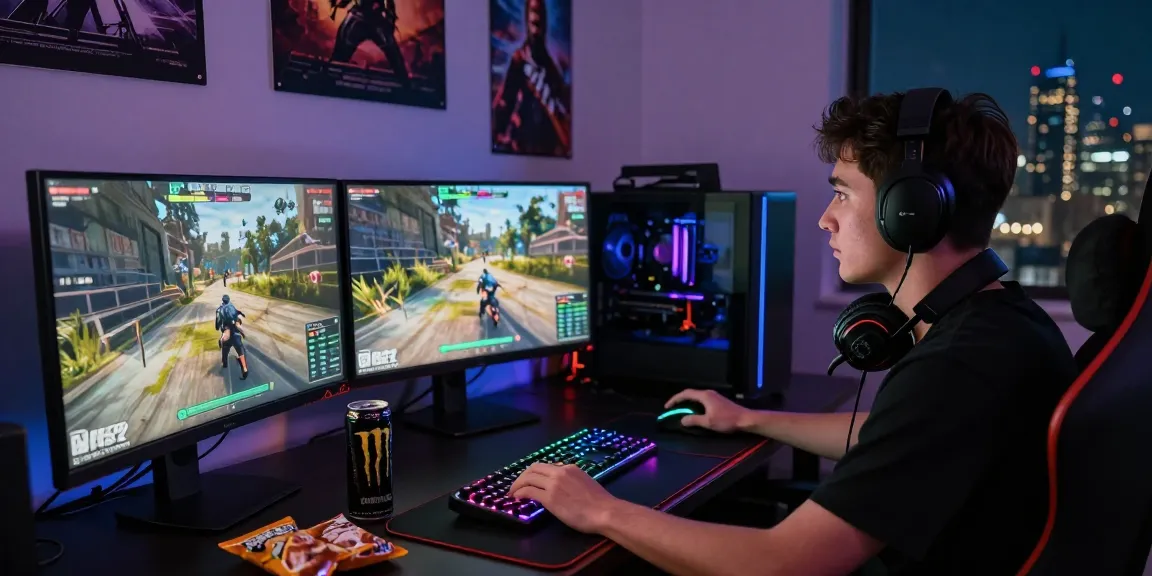 Gamer using DayZ Cheats on multiple monitors in an immersive gaming setup