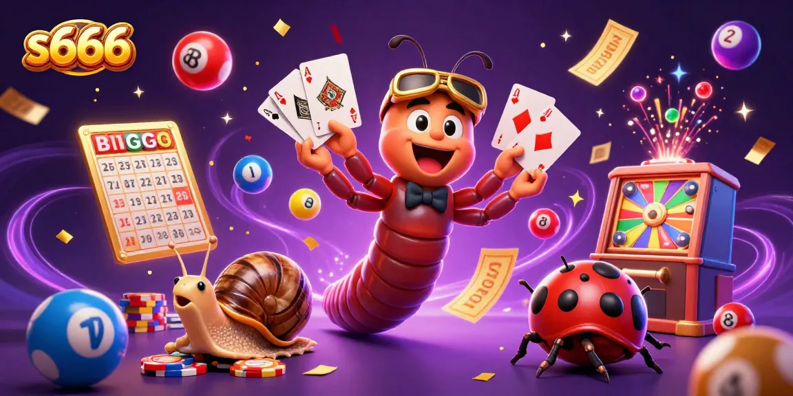 S666 casino features a 3D cartoon millipede dealer with cards, snail high-roller, and dynamic lottery elements.