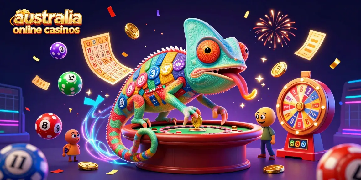 Engage with the vibrant scene of australia online casinos showcasing a chameleon casino owner amidst dynamic gaming elements