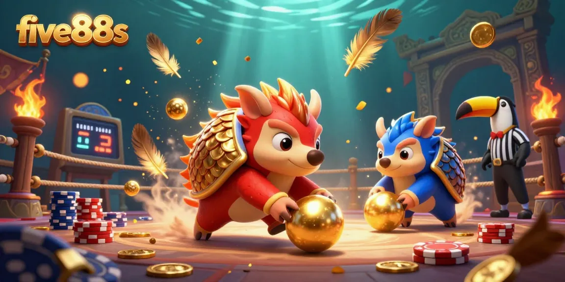 Engage in thrilling gameplay with five88s as rival pangolins bowl through poker chips in a vibrant casino scene.