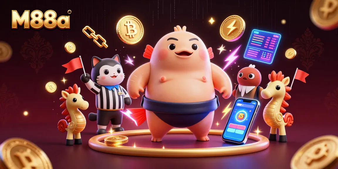 Play M88a on a vibrant underwater casino scene with a cartoon fugu, catfish referee, and crypto elements.