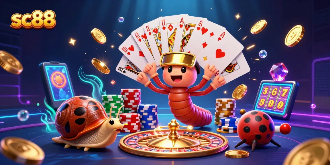 Play exciting sc88 games with a lively millipede dealer, colorful poker chips, and sparkling gemstones!