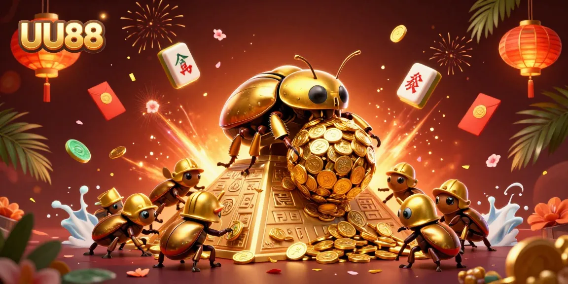 UU88 celebrates fortune with a golden beetle, coins, and festive elements in a vibrant 3D casino scene.