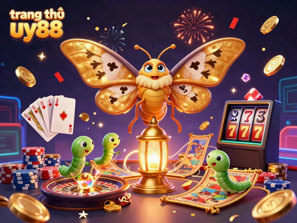 Engage in thrilling gameplay at trang chủ uy88 with the vibrant illustration showcasing casino elements and festive celebrations.