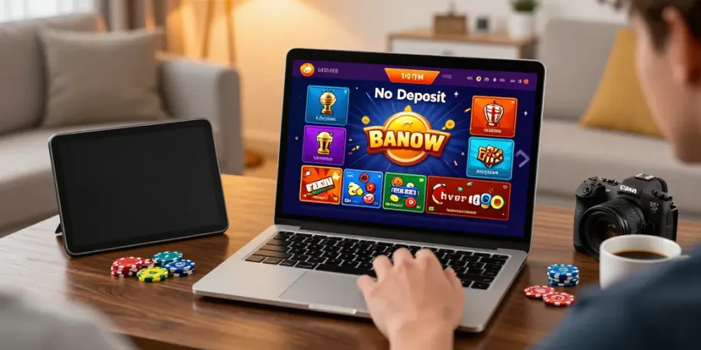 Casino Gratuit sans depot user interacting with vibrant online games on a laptop.