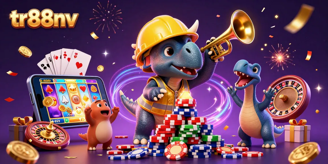 Engage with tr88nv's exciting gaming adventure featuring colorful slot games and celebratory elements.