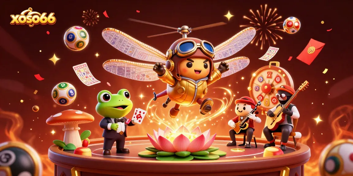 Experience the excitement of xoso66 with a lively scene of dragonfly pilot and frog croupier amidst vibrant casino elements.