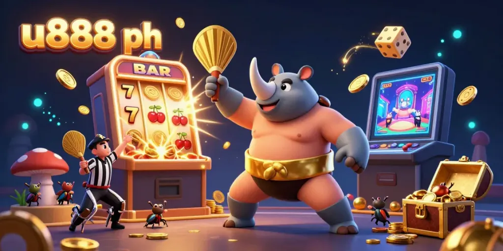 Engage with thrilling moments at u888 ph while watching a beetle champion and cricket referee in a vibrant casino illustration.