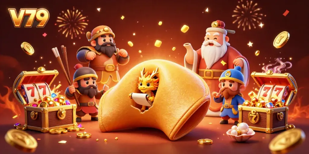 V79 illustration featuring a golden fortune cookie and casino elements, enhancing online gaming excitement.