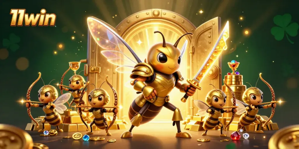 Engage with thrilling 11win gaming experiences featuring a golden hornet in a vibrant casino scene.