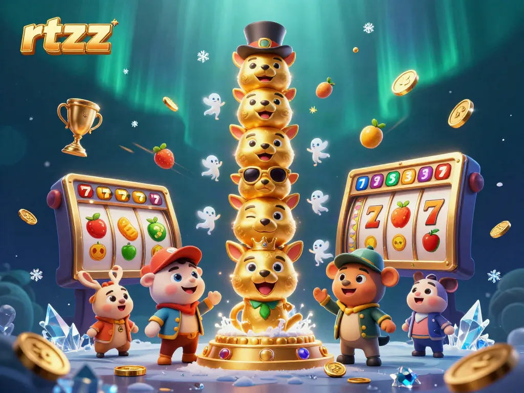 Experience an engaging moment at rtzz with a vibrant totem pole surrounded by casino elements in stunning 3D.